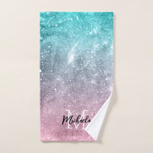 Aqua blue Pink ombre sea galaxy abstrakt Monogram Badhandtuch Set (Handtuch)