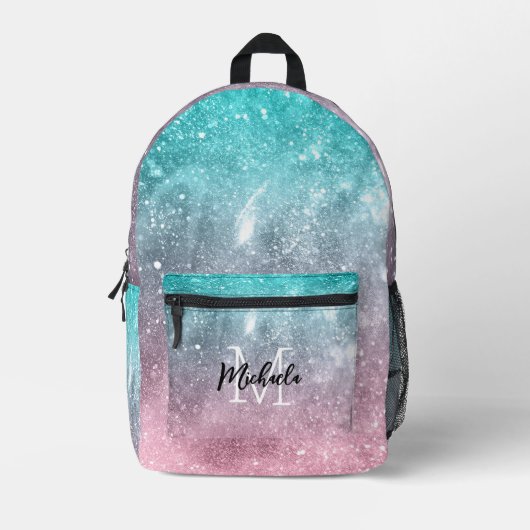 Aqua blue Pink ombre sea galaxy abstrakt Monogram Bedruckter Rucksack (Vorderseite)