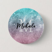 Aqua blue Pink ombre sea galaxy abstrakt Monogram Button (Vorderseite)
