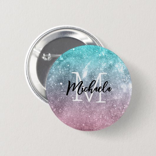 Aqua blue Pink ombre sea galaxy abstrakt Monogram Button (Vorne & Hinten)