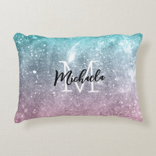 Aqua blue Pink ombre sea galaxy abstrakt Monogram Dekokissen