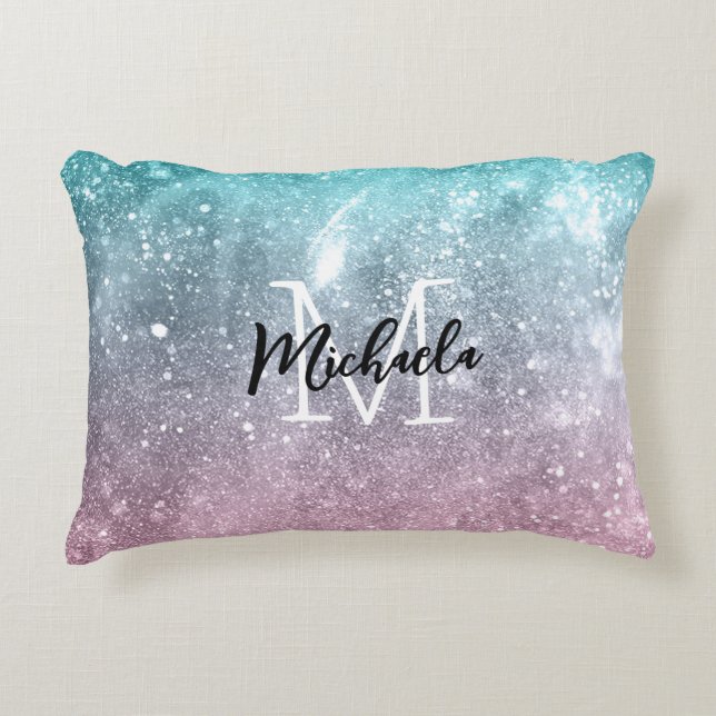 Aqua blue Pink ombre sea galaxy abstrakt Monogram Dekokissen (Vorderseite)