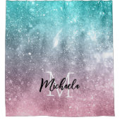 Aqua blue Pink ombre sea galaxy abstrakt Monogram Duschvorhang (Vorderseite)