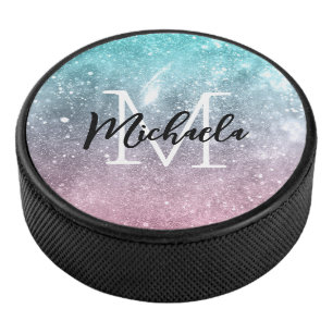 Aqua blue Pink ombre sea galaxy abstrakt Monogram Eishockey Puck