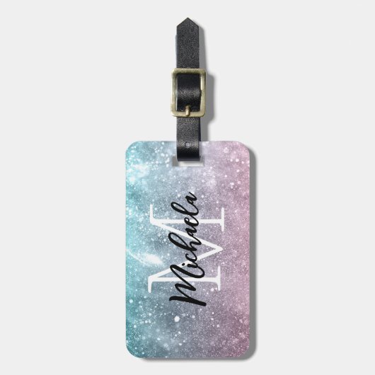 Aqua blue Pink ombre sea galaxy abstrakt Monogram Gepäckanhänger (Vorderseite vertikal)