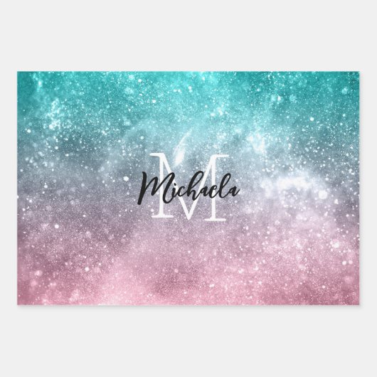 Aqua blue Pink ombre sea galaxy abstrakt Monogram Geschenkpapier Set (Vorderseite)
