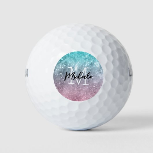 Aqua blue Pink ombre sea galaxy abstrakt Monogram Golfball (Vorderseite)