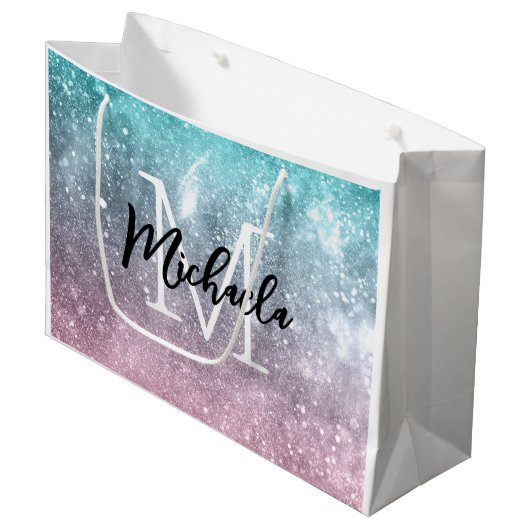 Aqua blue Pink ombre sea galaxy abstrakt Monogram Große Geschenktüte (Vorderseite Schrägansicht)