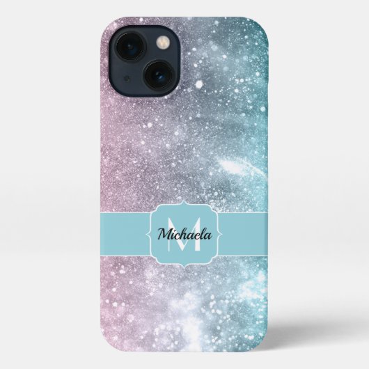 Aqua blue Pink ombre sea galaxy abstrakt Monogram iPhone Hülle (Rückseite)