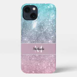 Aqua blue Pink ombre sea galaxy abstrakt Monogram iPhone 13 Hülle