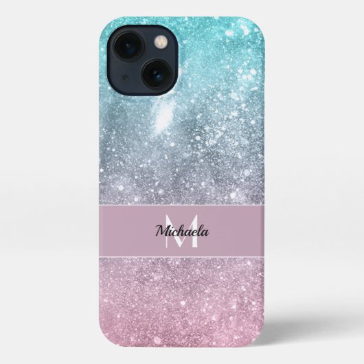 Aqua blue Pink ombre sea galaxy abstrakt Monogram iPhone Hülle (Rückseite)