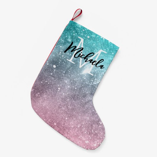 Aqua blue Pink ombre sea galaxy abstrakt Monogram Kleiner Weihnachtsstrumpf (Vorderansicht (hängend))