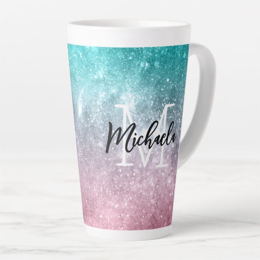 Aqua blue Pink ombre sea galaxy abstrakt Monogram Milchtasse (Rechte Ecke)
