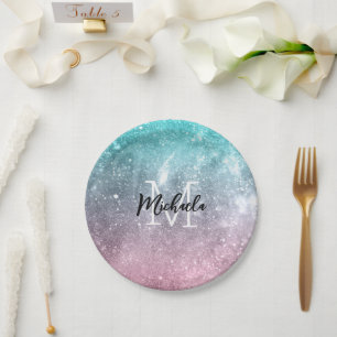 Aqua blue Pink ombre sea galaxy abstrakt Monogram Pappteller