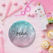 Aqua blue Pink ombre sea galaxy abstrakt Monogram Pappteller (Party)
