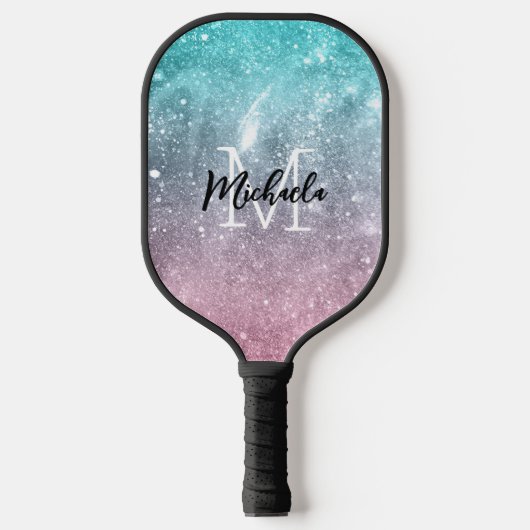 Aqua blue Pink ombre sea galaxy abstrakt Monogram Pickleball Schläger (Vorderseite)