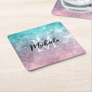 Aqua blue Pink ombre sea galaxy abstrakt Monogram Rechteckiger Pappuntersetzer