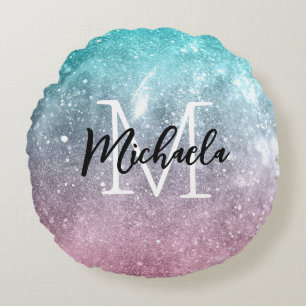 Aqua blue Pink ombre sea galaxy abstrakt Monogram Rundes Kissen