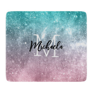 Aqua blue Pink ombre sea galaxy abstrakt Monogram Schneidebrett