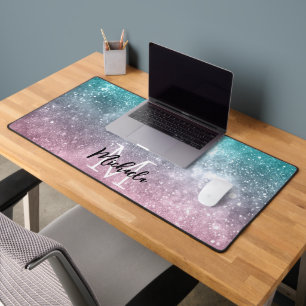 Aqua blue Pink ombre sea galaxy abstrakt Monogram Schreibtischunterlage