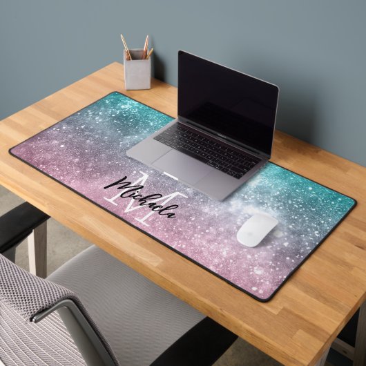 Aqua blue Pink ombre sea galaxy abstrakt Monogram Schreibtischunterlage (Büro 2)