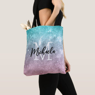 Aqua blue Pink ombre sea galaxy abstrakt Monogram Tasche