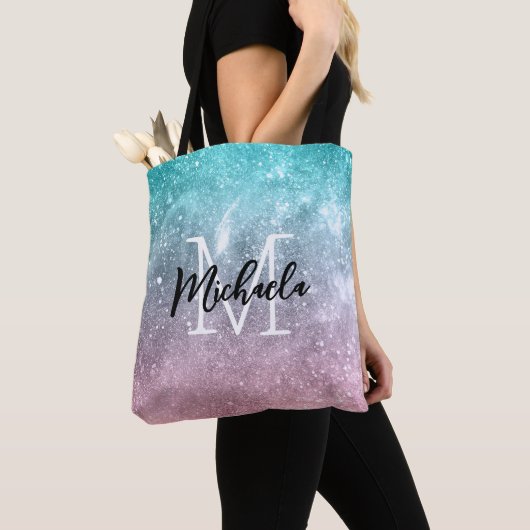 Aqua blue Pink ombre sea galaxy abstrakt Monogram Tasche (Von Nahem)
