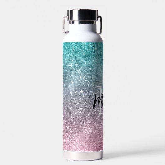 Aqua blue Pink ombre sea galaxy abstrakt Monogram Trinkflasche (Vorne)