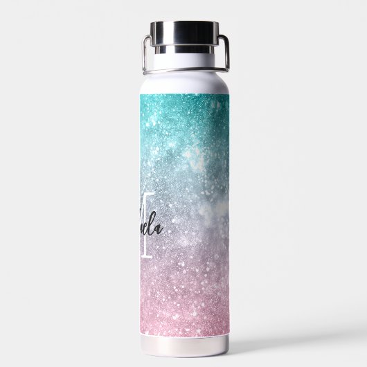 Aqua blue Pink ombre sea galaxy abstrakt Monogram Trinkflasche (Rückseite)