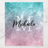 Aqua blue Pink ombre sea galaxy abstrakt Monogram Weinetikett (Einzelnes Label)