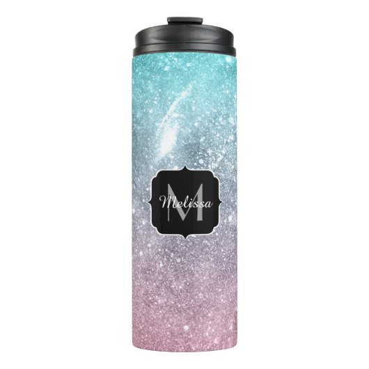 Aqua Blue Pink Sea Galaxy abstrakt Monogram Thermosbecher (Vorderseite)