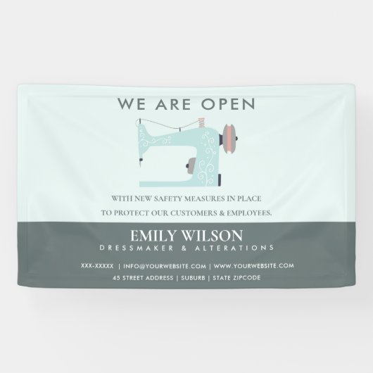 AQUA BLUE PINK SEWING MACHINE TAILOR WIEDER ERÖFFN BANNER (Horizontal)