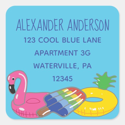 Aqua Blue Pool Floating Square Rücksendeadressen-A Quadratischer Aufkleber (Vorderseite)