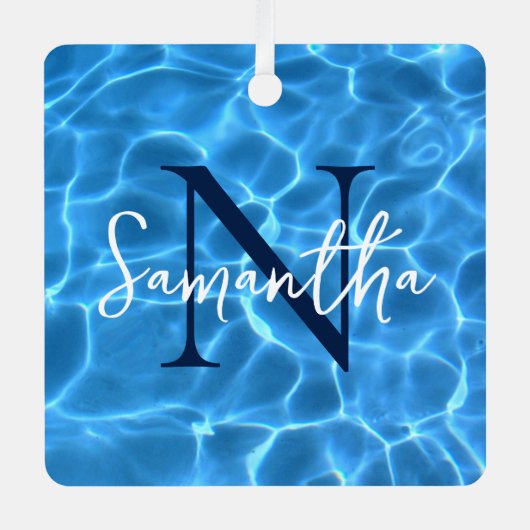 Aqua Blue Pool Foto Mit Monogramm Ornament Aus Metall (Vorderseite)