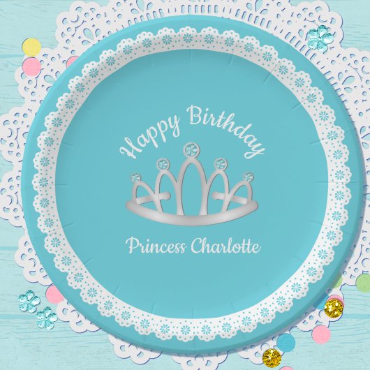 Aqua Blue Princess Tiara Birthday Paper Plate Pappteller