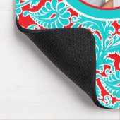Aqua Blue, Red and White Damask Foto Mousepad (Ecke)