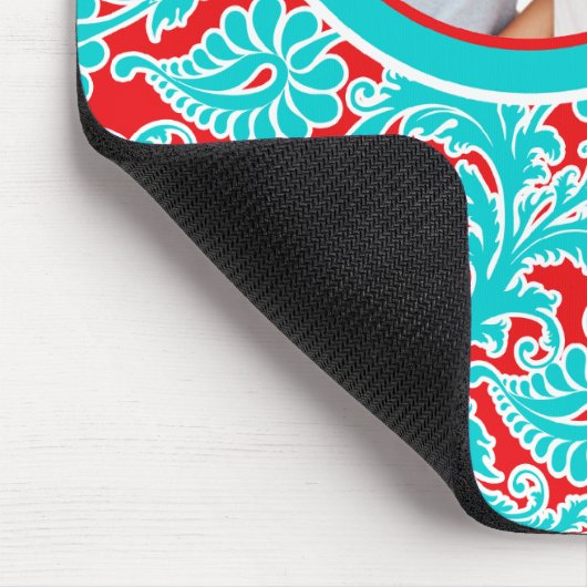 Aqua Blue, Red and White Damask Foto Mousepad (Ecke)