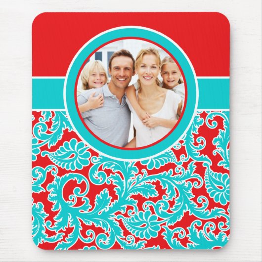 Aqua Blue, Red and White Damask Foto Mousepad (Vorne)