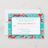 Aqua Blue, Red, White Damask RSVP-Karte Einladung (Rückseite)
