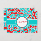 Aqua Blue, Red, White Damask RSVP-Karte Einladung (Vorne/Hinten)