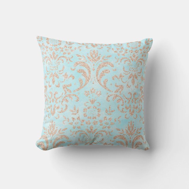 Aqua Blue Rose Gold Pattern Cushion Kissen (Vorderseite)