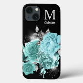 Aqua Blue Rose Silver Sparkle Bouquet Monogram Case-Mate iPhone Hülle (Rückseite)