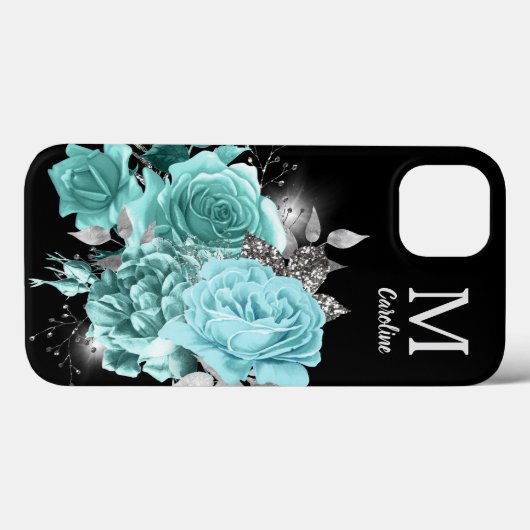 Aqua Blue Rose Silver Sparkle Bouquet Monogram Case-Mate iPhone Hülle (Rückseite (Horizontal))