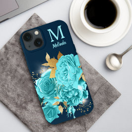 Aqua Blue Rose Sparkle Bouquet Monogram Case Mate