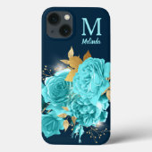 Aqua Blue Rose Sparkle Bouquet Monogram Case Mate (Rückseite)