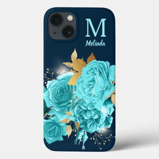Aqua Blue Rose Sparkle Bouquet Monogram Case Mate (Rückseite)