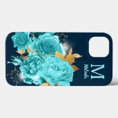 Aqua Blue Rose Sparkle Bouquet Monogram Case Mate (Rückseite (Horizontal))