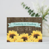 AQUA BLUE RUSTIC SUNFLOWER RSVP CARD KARTE (Stehend Vorderseite)