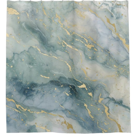 Aqua Blue Sage Green Gold Abstrakt Print Duschvorhang (Vorderseite)