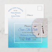 Aqua Blue Sand Dollar Themed Wedding Save the Date Ankündigungspostkarte (Vorne/Hinten)